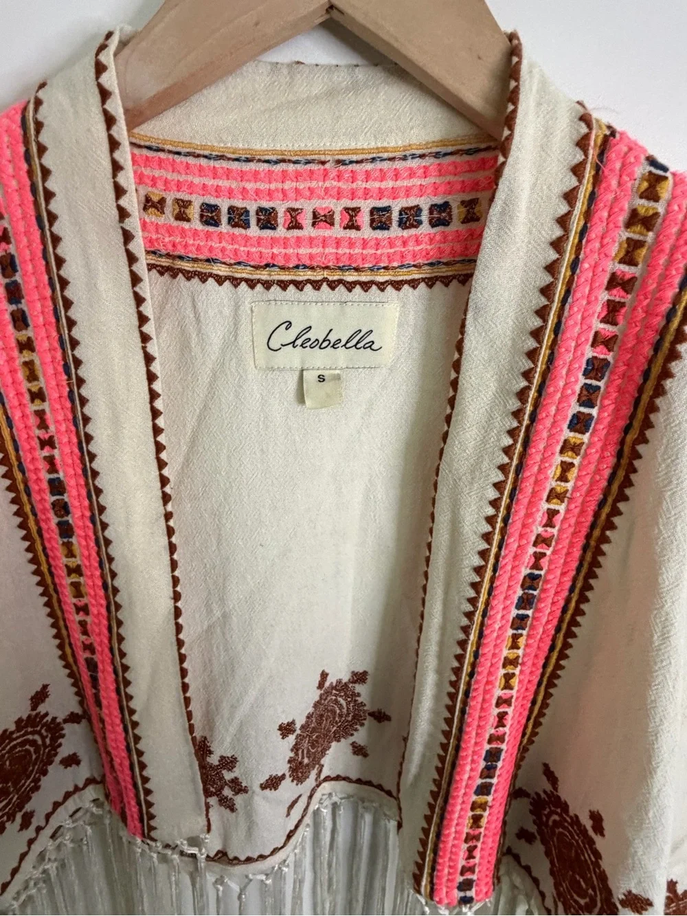 Cleobella Cream Kimono Cover with Brown Embroidery and Pink Trim